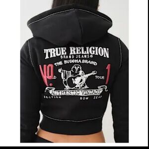 True Religion Black Cropped Graphic Crewneck Sweatshirt with Pink Accents